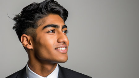 A young man in a suit looks thoughtfully off to the side, his smile suggesting a sense of optimism.の素材