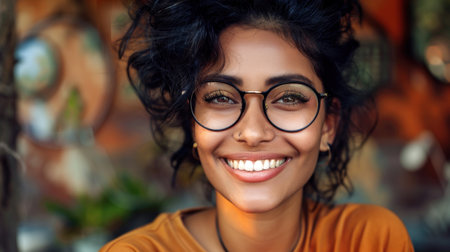 A young woman with dark curly hair and round glasses smiles warmly.の素材