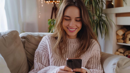 A woman smiles as she scrolls through her phone while relaxing on a comfortable couch.の素材