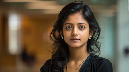 A young woman gazes thoughtfully into the distance, lost in contemplation as she navigates the urban environment.の素材