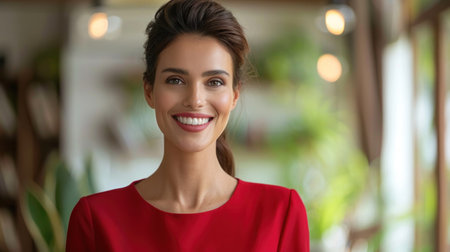 A woman in a red dress smiles brightly, her face lit by the warm glow of cafe lights.の素材
