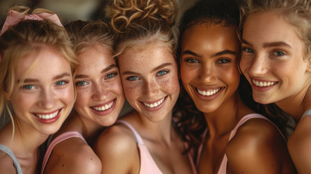Four young women with bright smiles and glowing skin stand together in a close-up portrait.の素材