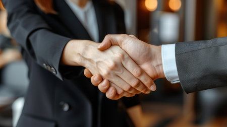 A close-up photo of two businesspeople shaking hands in an office environment.の素材