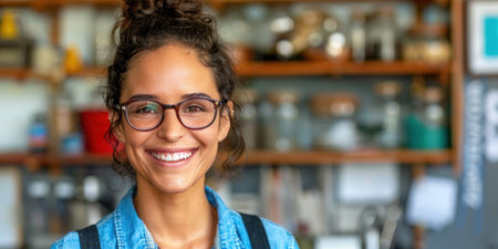 A woman in glasses and a blue shirt smiles warmly at the camera, standing in front of a blurred coffee shop background.の素材