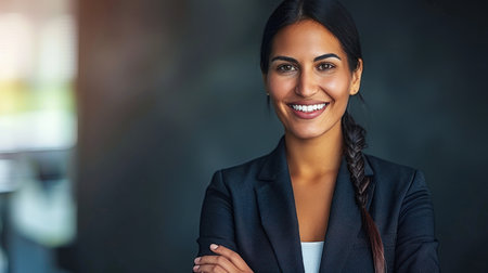 A young businesswoman with a confident smile, wearing a navy blazer, poses in a modern office setting.の素材