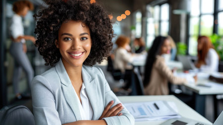 A confident businesswoman smiles at the camera while sitting at a desk in a modern office.の素材