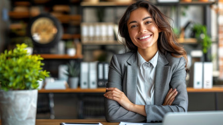 A young businesswoman sits at her desk, arms crossed, smiling confidently at the camera.の素材