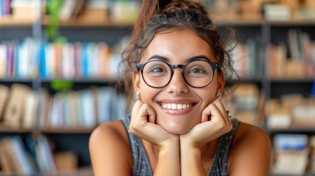 A young woman with glasses smiles brightly, her hands resting on her chin, as she sits in front of a bookshelf.の素材