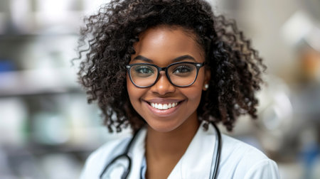 A portrait of a young female doctor smiling with confidence in a hospital setting.の素材
