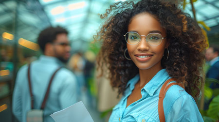 A young woman with curly hair smiles brightly as she stands in a glass building.の素材