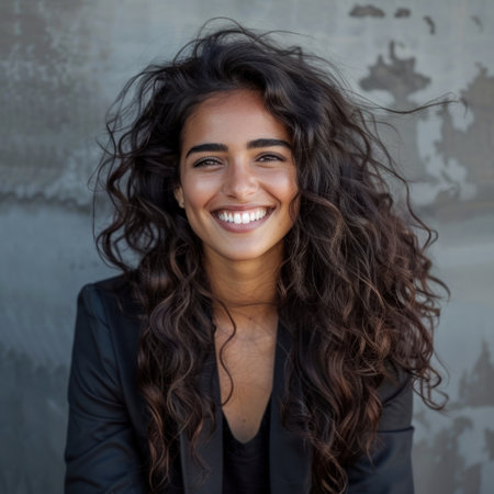 A woman with long, curly hair smiles brightly against a gray concrete wall.の素材