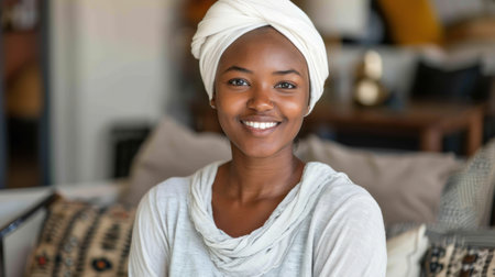 A woman in a white turban smiles warmly, sitting indoors.の素材
