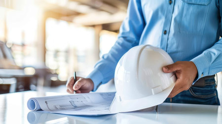 A construction worker reviews detailed blueprints for an upcoming project, while holding a hard hat.の素材