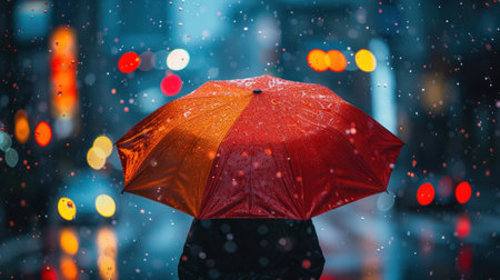 A red and orange umbrella held high, shielding someone from the rain as they walk through the city at night.の素材