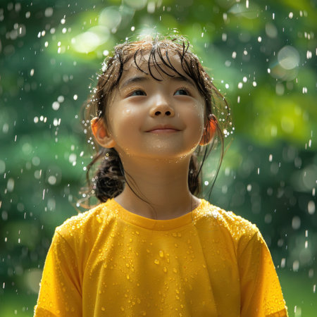 A young girl stands in a summer downpour, her face lifted toward the sky, a smile on her lips.の素材