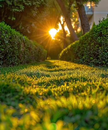 A path through a garden bathed in the golden light of the setting sun.の素材