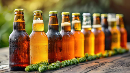 A row of amber-colored beer bottles stands on a wooden table, bathed in the warm afternoon light.の素材