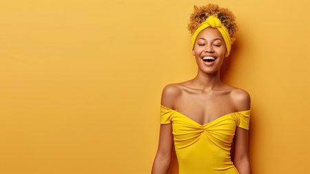 A woman in a yellow dress and headband smiles brightly against a sunny yellow backdrop.の素材
