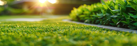 Close-up shot of a verdant lawn bathed in warm, golden sunlight.の素材