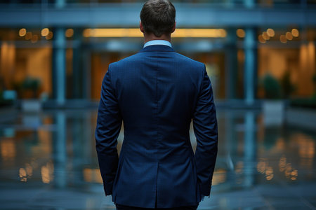 A businessman in a blue suit walks through a modern office building.の素材