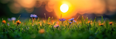 A close-up shot of blue flowers in a field with a blurred sunset in the background.の素材