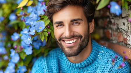 A man with a warm smile stands near a blooming blue flower bush, bathed in sunlight.の素材