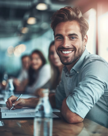 A man smiles confidently as he works at a desk in a modern office.の素材