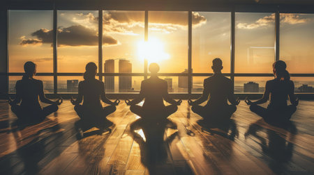Five people sit in a row, meditating with a city sunset view.の素材