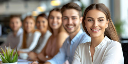A diverse group of young professionals smile and look directly at the camera.の素材