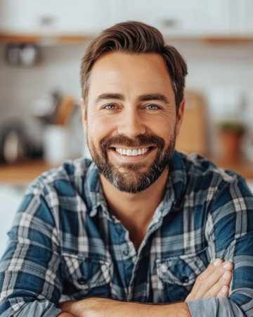 A man with a beard smiles warmly at the camera, his arms crossed in a relaxed posture.の素材