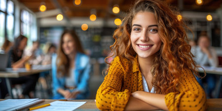 A young woman with curly hair smiles brightly in a bustling cafe setting.の素材