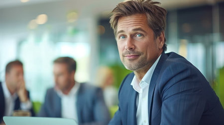 A businessman smiles confidently while looking directly at the camera during a meeting in an office.の素材