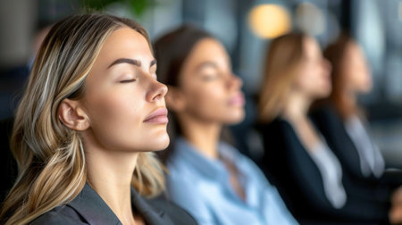 A group of women take a moment to meditate in a busy office setting.の素材