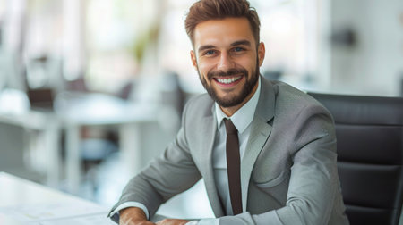 A man in a suit smiles while sitting in his office.の素材