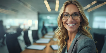 A businesswoman wearing glasses smiles confidently in a meeting room.の素材
