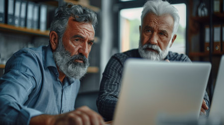 Two senior men work together on a laptop in a modern office setting.の素材