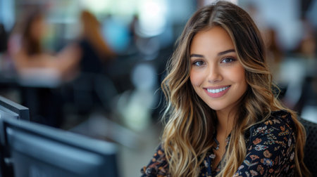 A young woman smiles brightly while working in a busy office setting.の素材