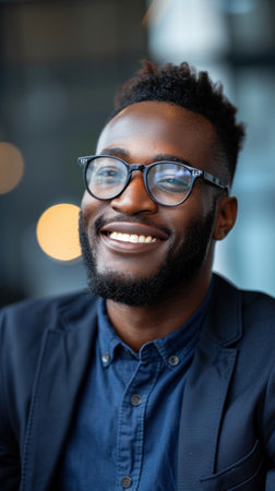 A man with a warm smile and stylish glasses looks confidently into the camera.の素材