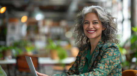 A woman with silver hair smiles while working on her laptop at a cafe.の素材
