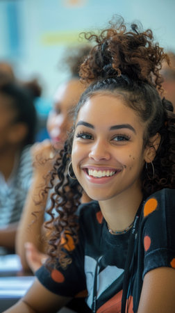 A young woman with curly hair smiles brightly while sitting in a classroom.の素材