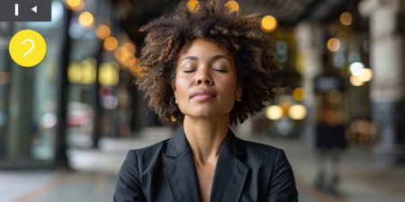 A woman with her eyes closed takes a moment of peace in the bustling city.の素材