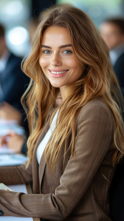A young woman with long blonde hair smiles warmly at the camera during a business meeting.の素材
