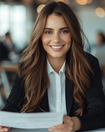 A young woman with long brown hair smiles confidently as she reviews a document in a modern office.の素材