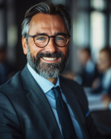 A man in a suit smiles while attending a business meeting.の素材