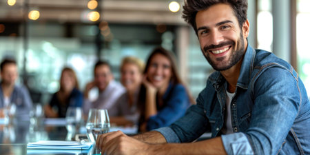 A man in a denim jacket smiles brightly, sitting at a table in a cafe with friends behind him.の素材