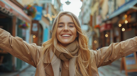 A smiling blonde woman is enjoying a day out in the city, wearing a warm coat and a scarf.の素材