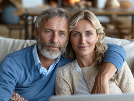 A man and woman are relaxing on a sofa at home.の素材