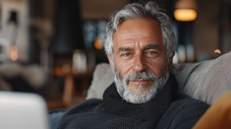 A man with gray hair and beard, sitting in a coffee shop and looking at the camera.の素材