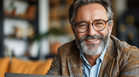 A middle-aged man with glasses and a beard smiles warmly while sitting in a cafe.の素材