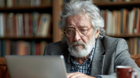 A senior man wearing glasses and a gray jacket sits in a library setting, using a laptop.の素材